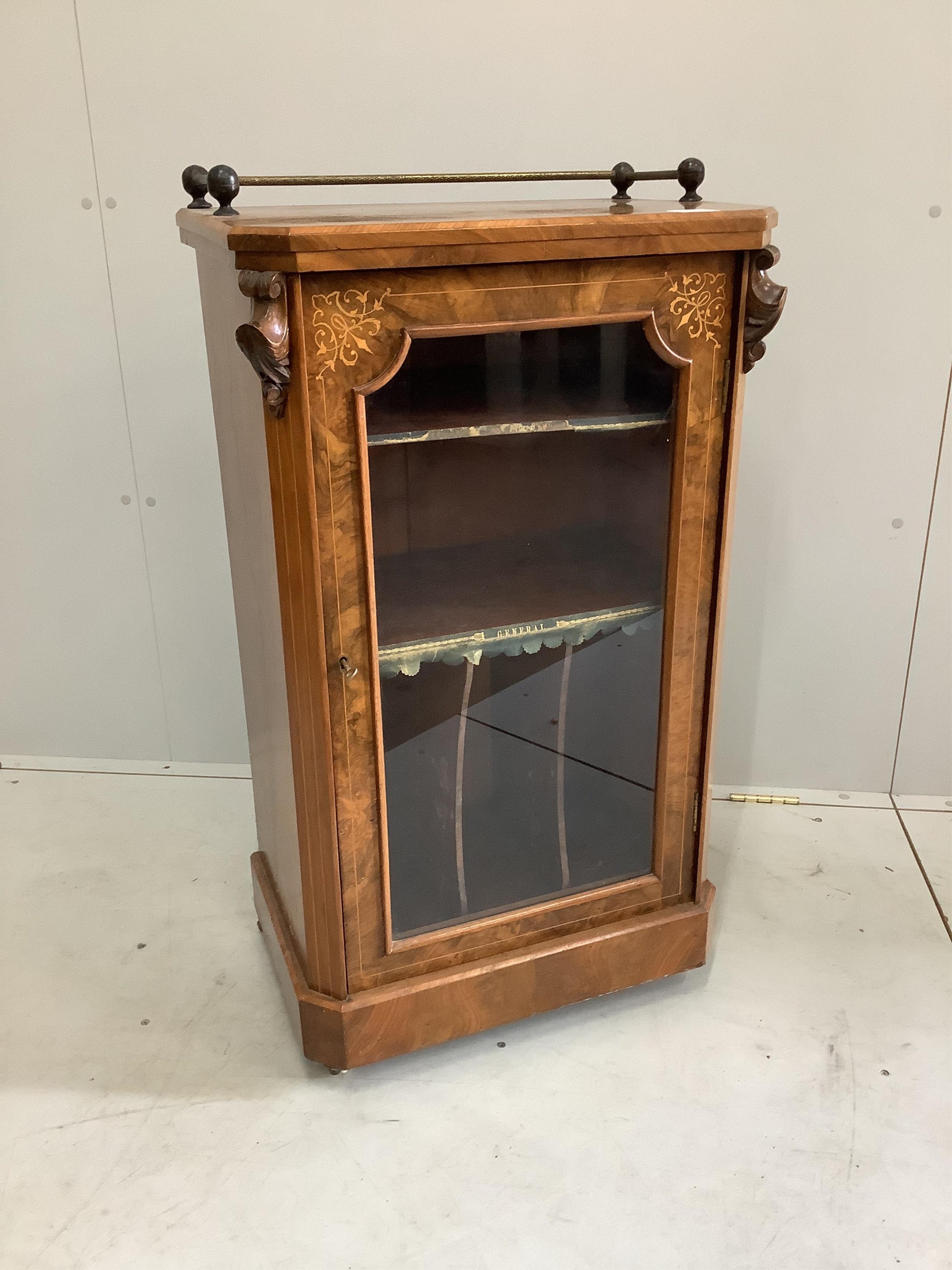 A Victorian inlaid burr walnut music cabinet, width 54cm, depth 33cm, height 97cm